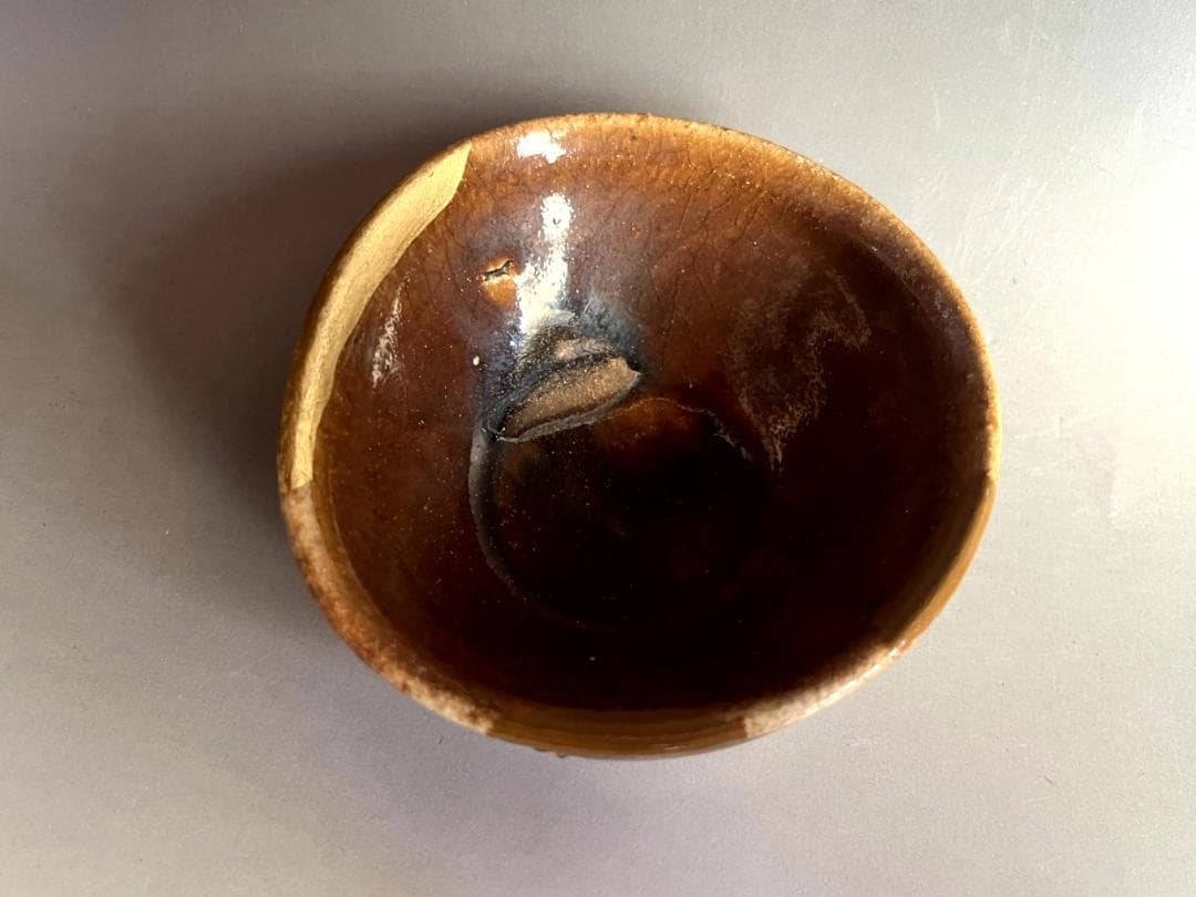 酒器■古瀬戸飴釉小碗 古鉢 酒杯 ぐい呑み 金継ぎ直し有 涙痕 時代物 骨董品■