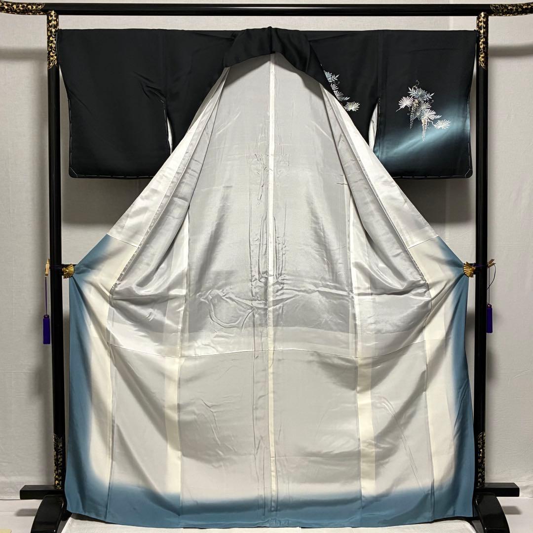 お値下げ済み D46 訪問着 藤の花 黒地 正絹 着物 袷 しつけ糸未使用極美品