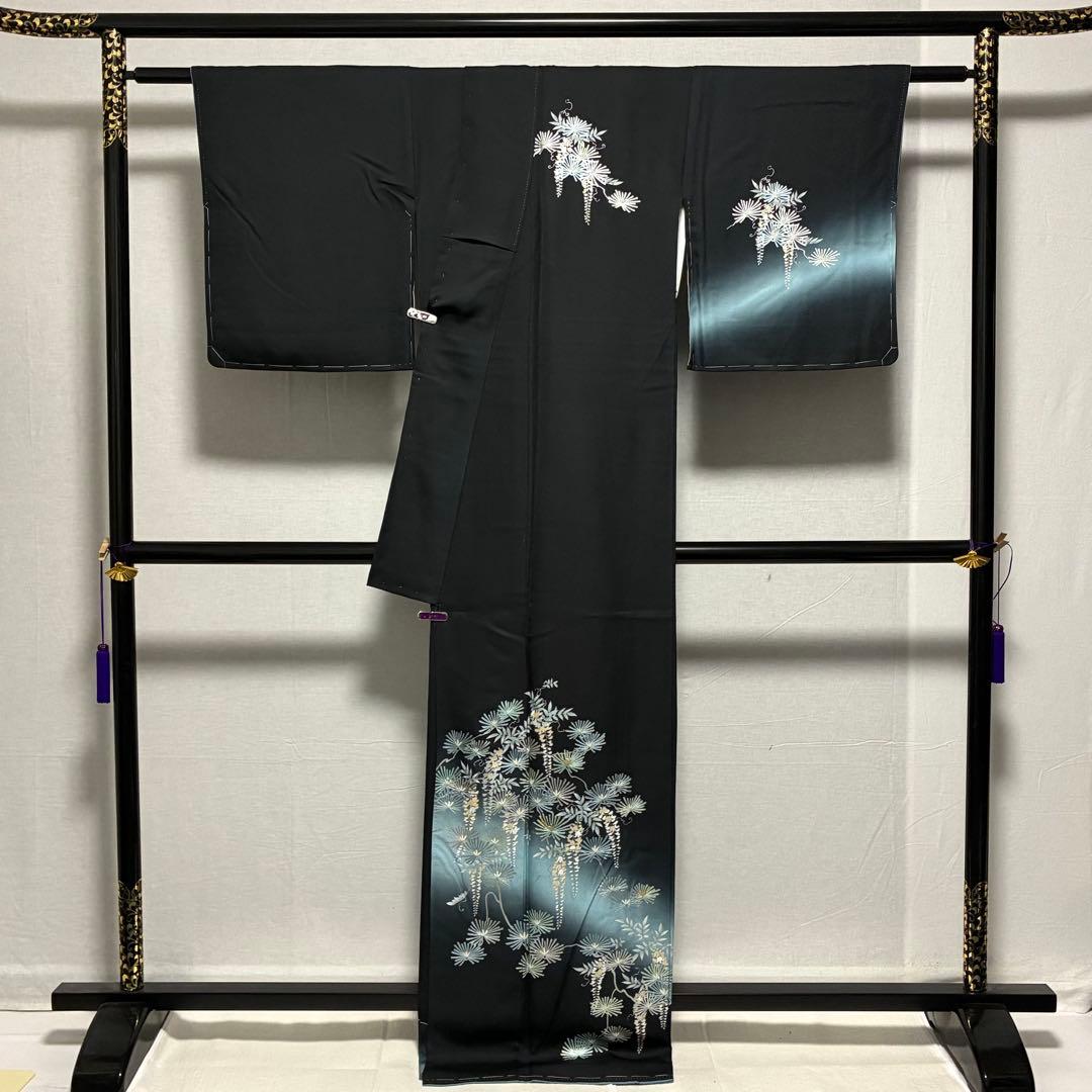 お値下げ済み D46 訪問着 藤の花 黒地 正絹 着物 袷 しつけ糸未使用極美品