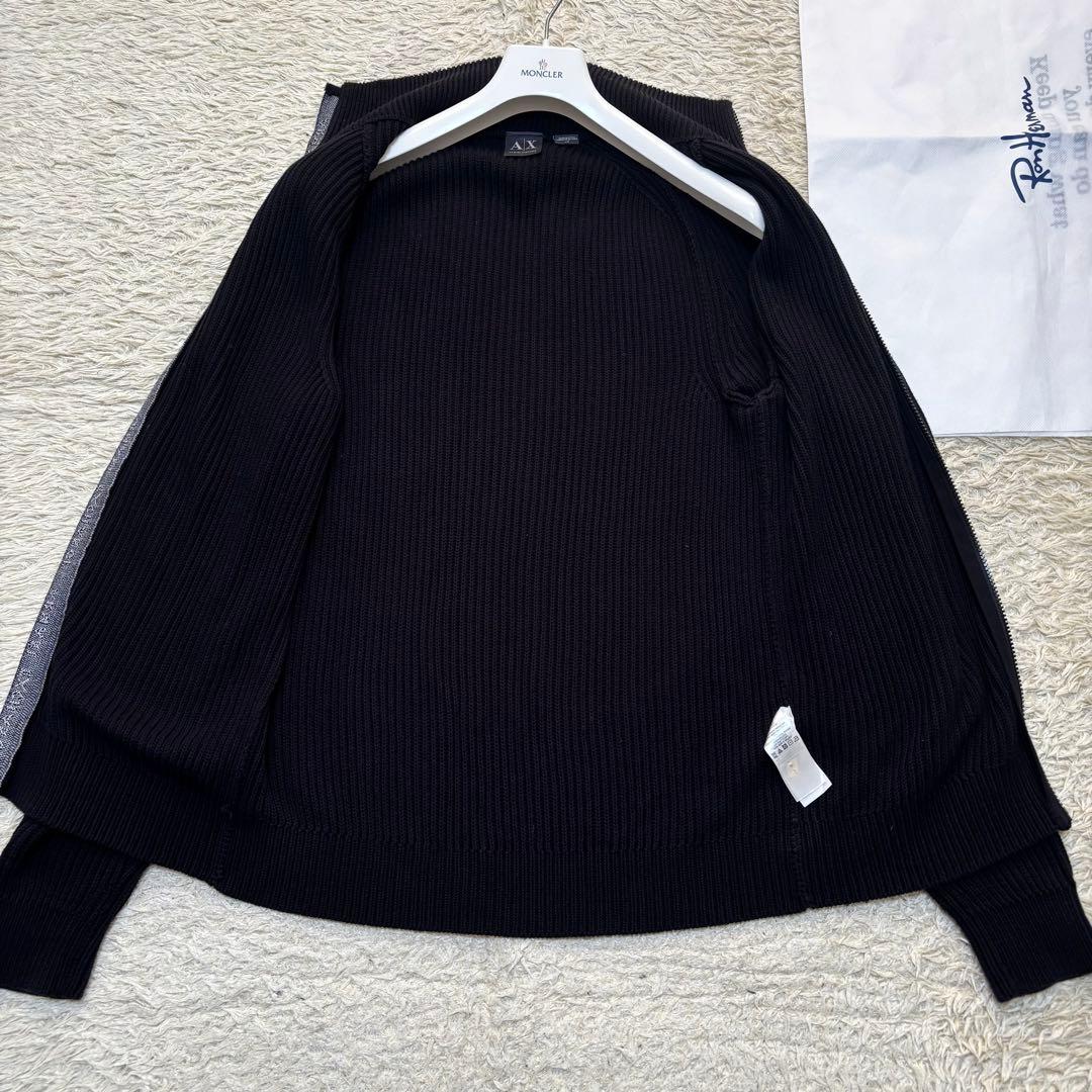 希少サイズL アルマーニ ドライバーズニット 太め リブ 高級ジップ ロゴ 黒