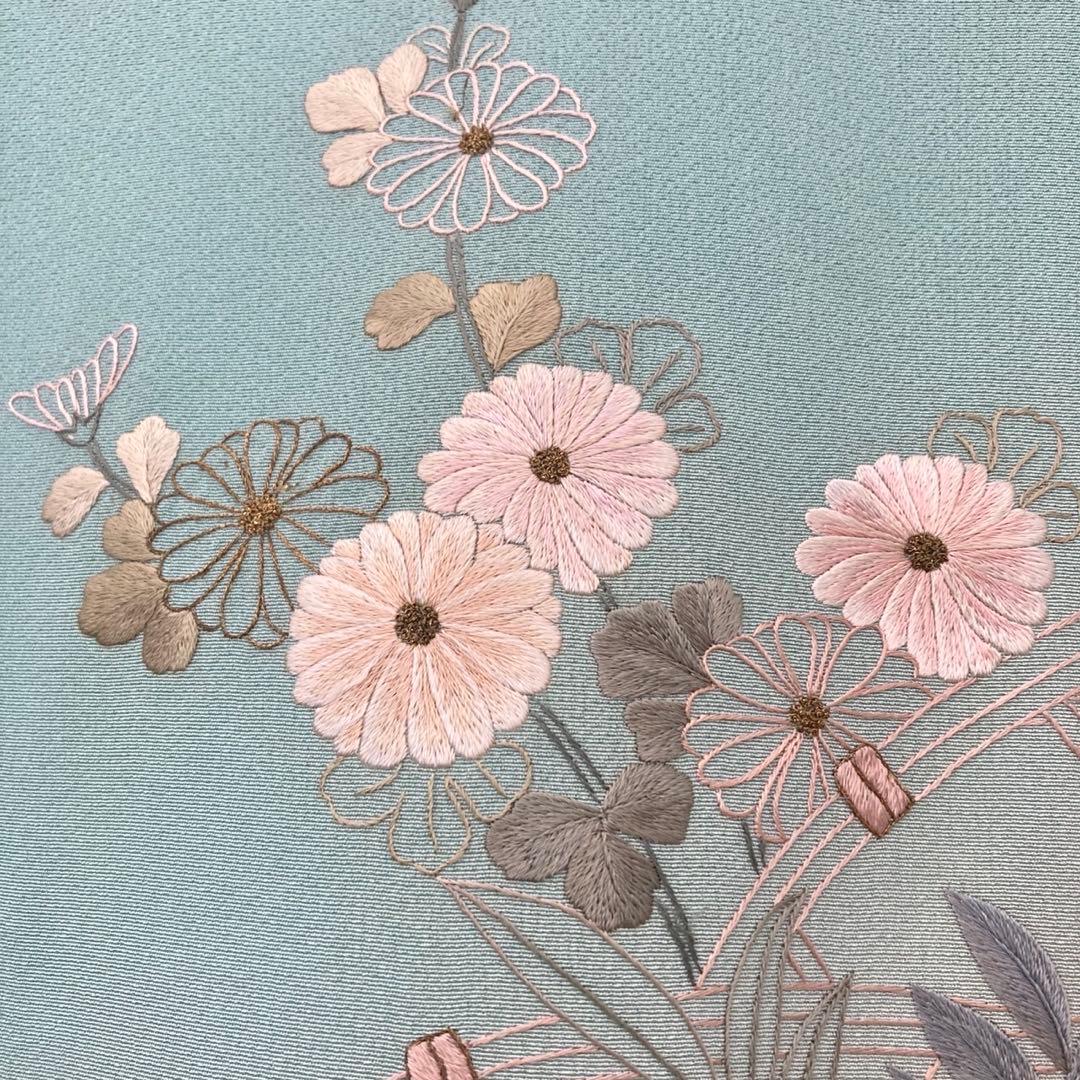 ★淡い水浅葱色　身丈157 刺繍　訪問着　着物　NO44 フルセット可