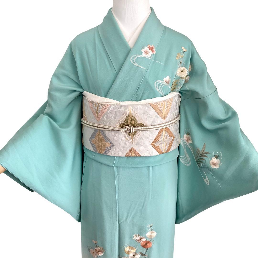 ★淡い水浅葱色　身丈157 刺繍　訪問着　着物　NO44 フルセット可