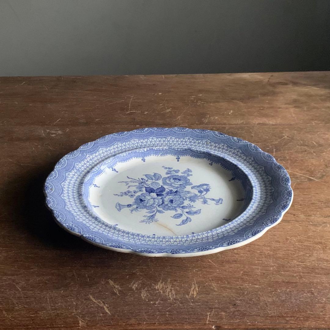 銅板転写 かわいらしい花柄 輪花 プレート 中皿 リム皿 古道具 アンティーク