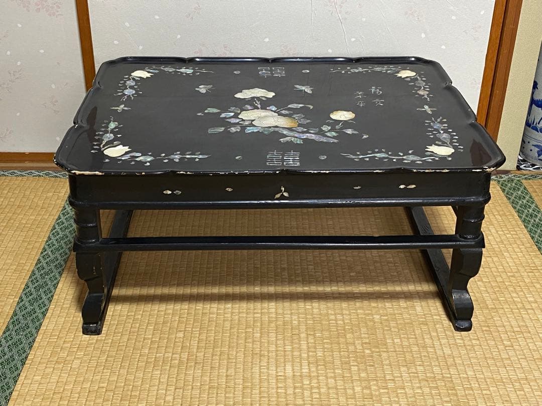 ♦中国清時代 花 蝶 柘榴 富貴 吉祥文 螺鈿細工 輪花 四方足 花台 骨董品