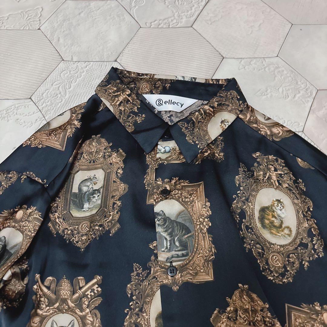 &ellecy ネコフレームシャツ　長袖　ブラック
