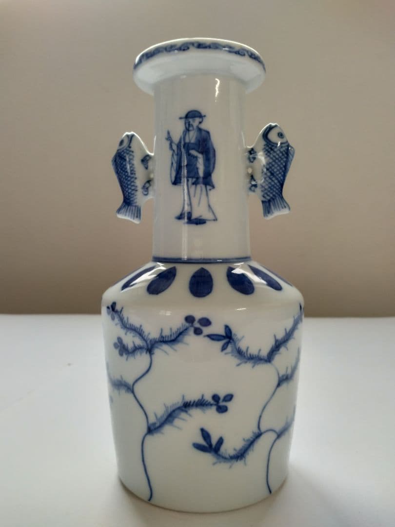 九谷　陶源製　高砂花入　染付鯉耳　華入