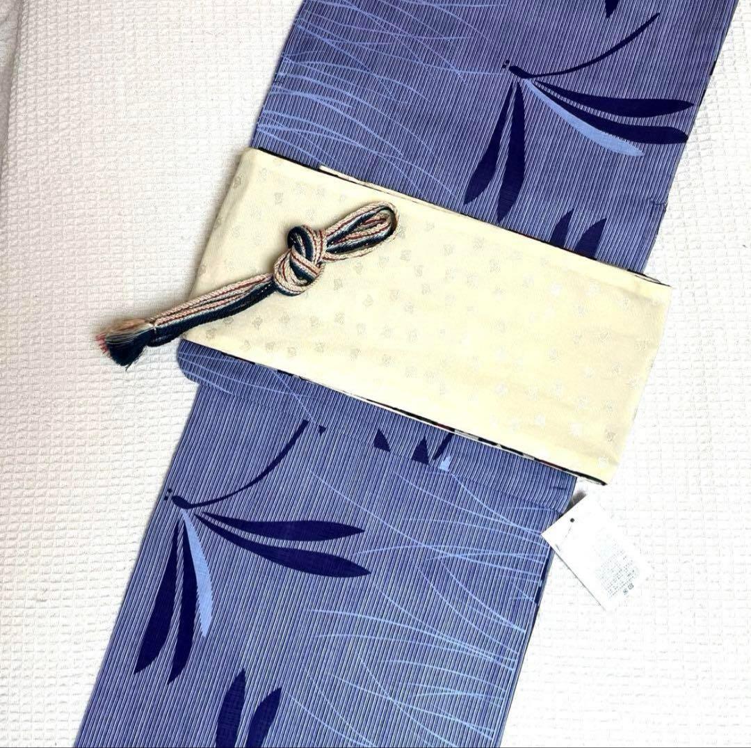 綿麻 浴衣 蜻蛉 芝 縞 青色 ブルー フリーサイズ 未使用