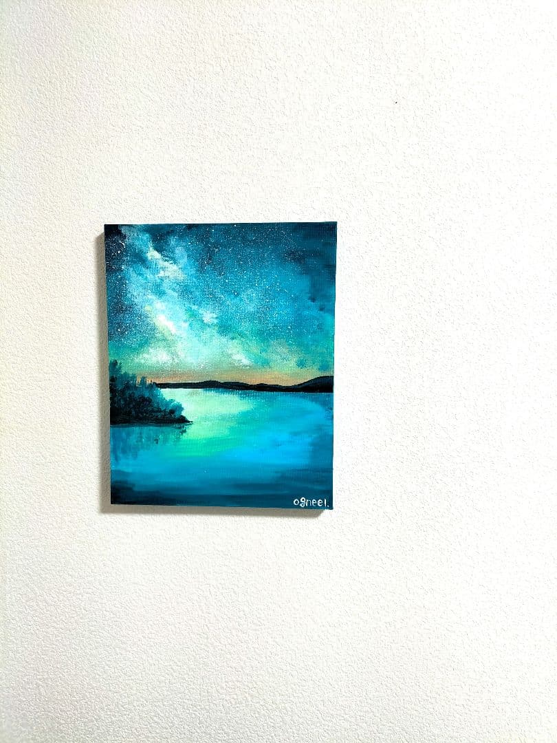 【夜光湖】　F3キャンバス　アクリル画　原画　一点物　風景画　夜景