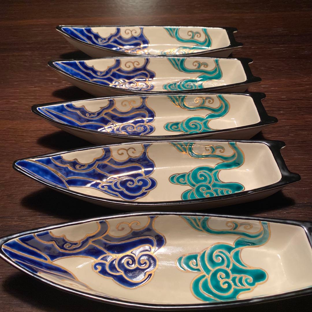 京焼焼向付　仁清流水舟形向付5客　新品未使用