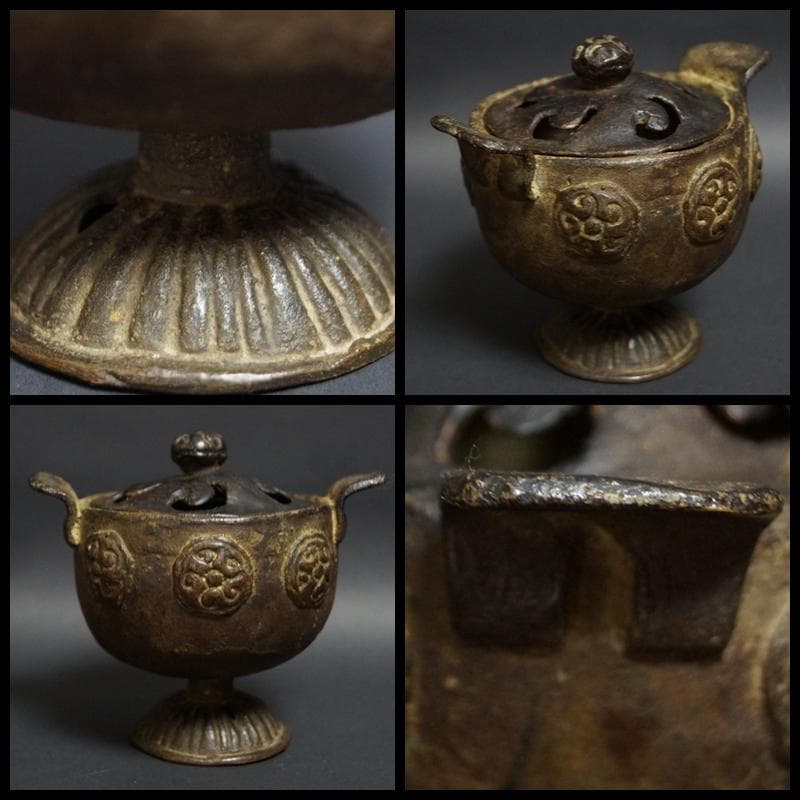 江戸期 蓮形 古銅製薫香炉 金工細工浮彫『円渦文』寺院香炉 ★時代物★