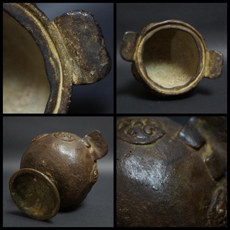 江戸期 蓮形 古銅製薫香炉 金工細工浮彫『円渦文』寺院香炉 ★時代物★