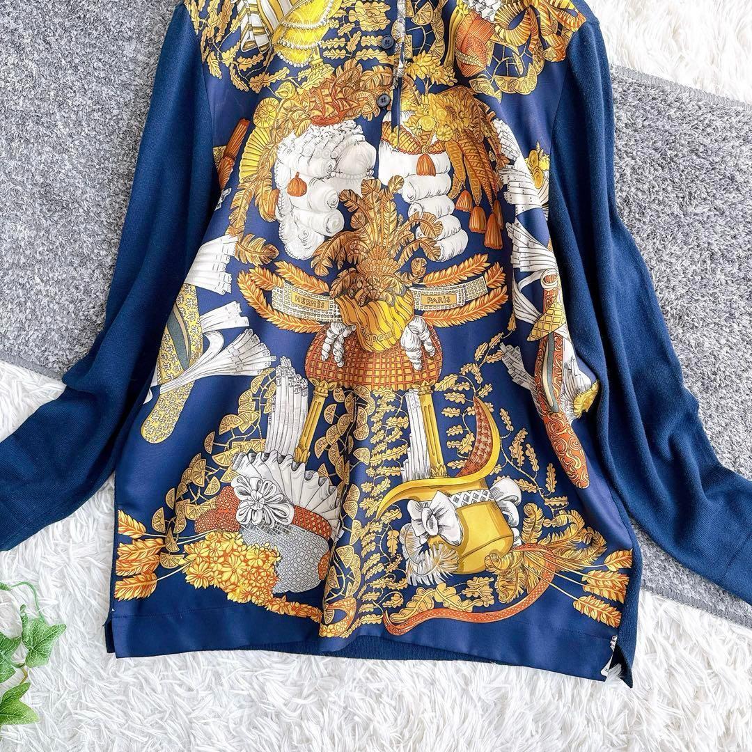 オールド エルメス ニット　切替　異素材　シャツ　ブラウス　シルク　カシミヤ　M