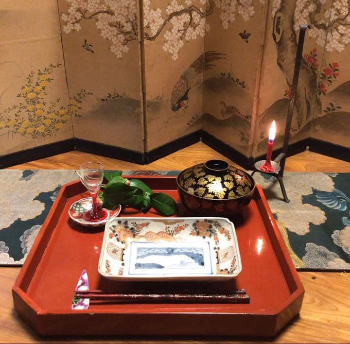 A500 古伊万里　染錦手　籠に鳥　水車草花紋様　隅切長皿　5枚