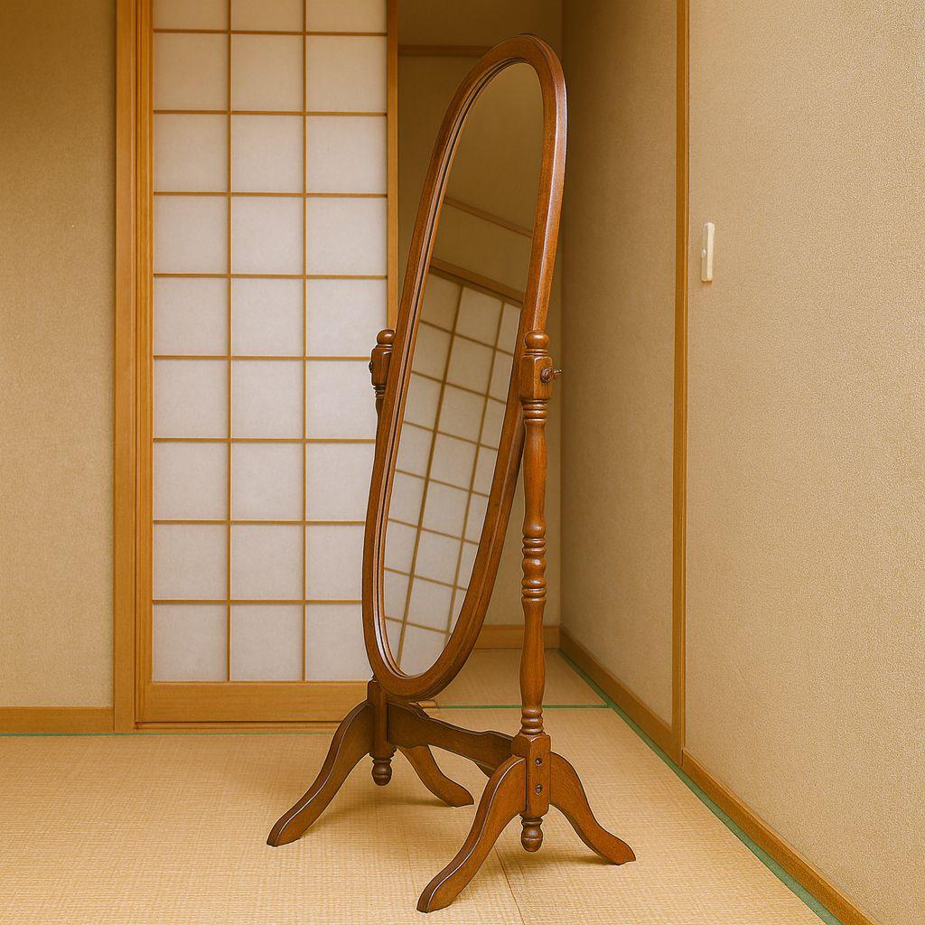 ​レトロ 姿見 楕円形 木製 スタンドミラー 天然木製 OM-340