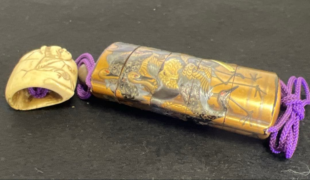 江戸時代　鶴蒔絵印籠、根付　70g 東Y8-0122☆2Fトコカ