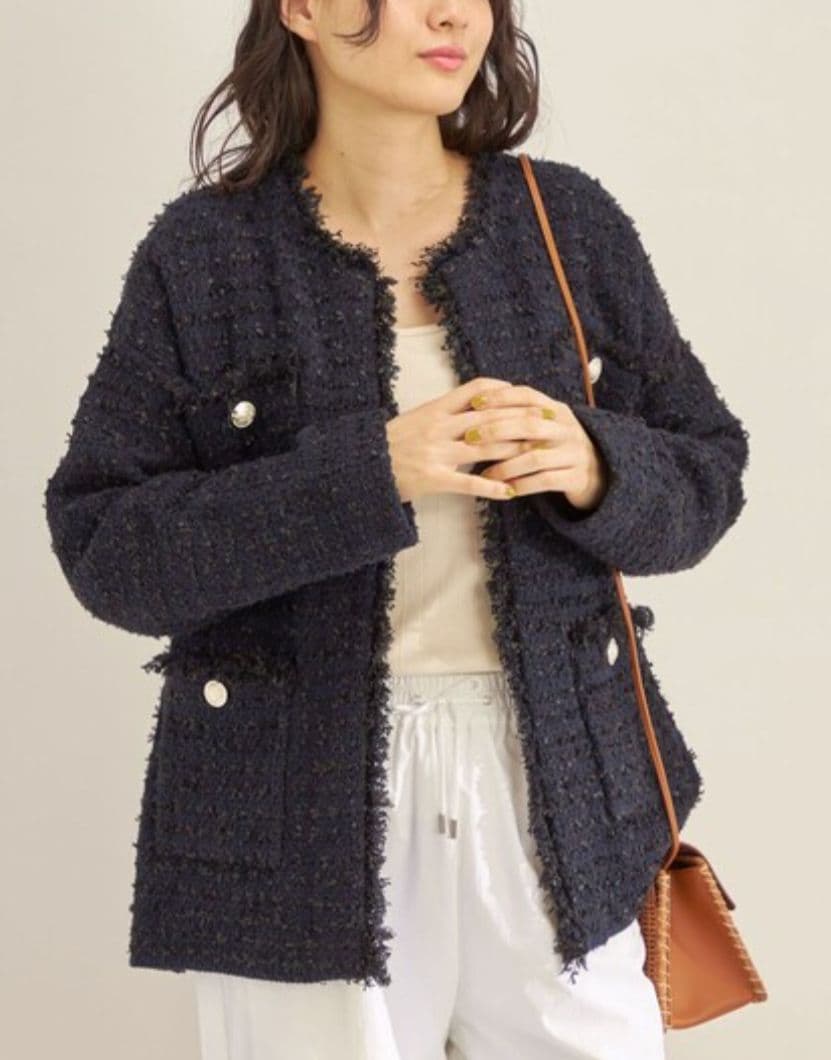 SHIPS〈手洗い可能〉ニット ツイード クルーネック カーディガン　ネイビー