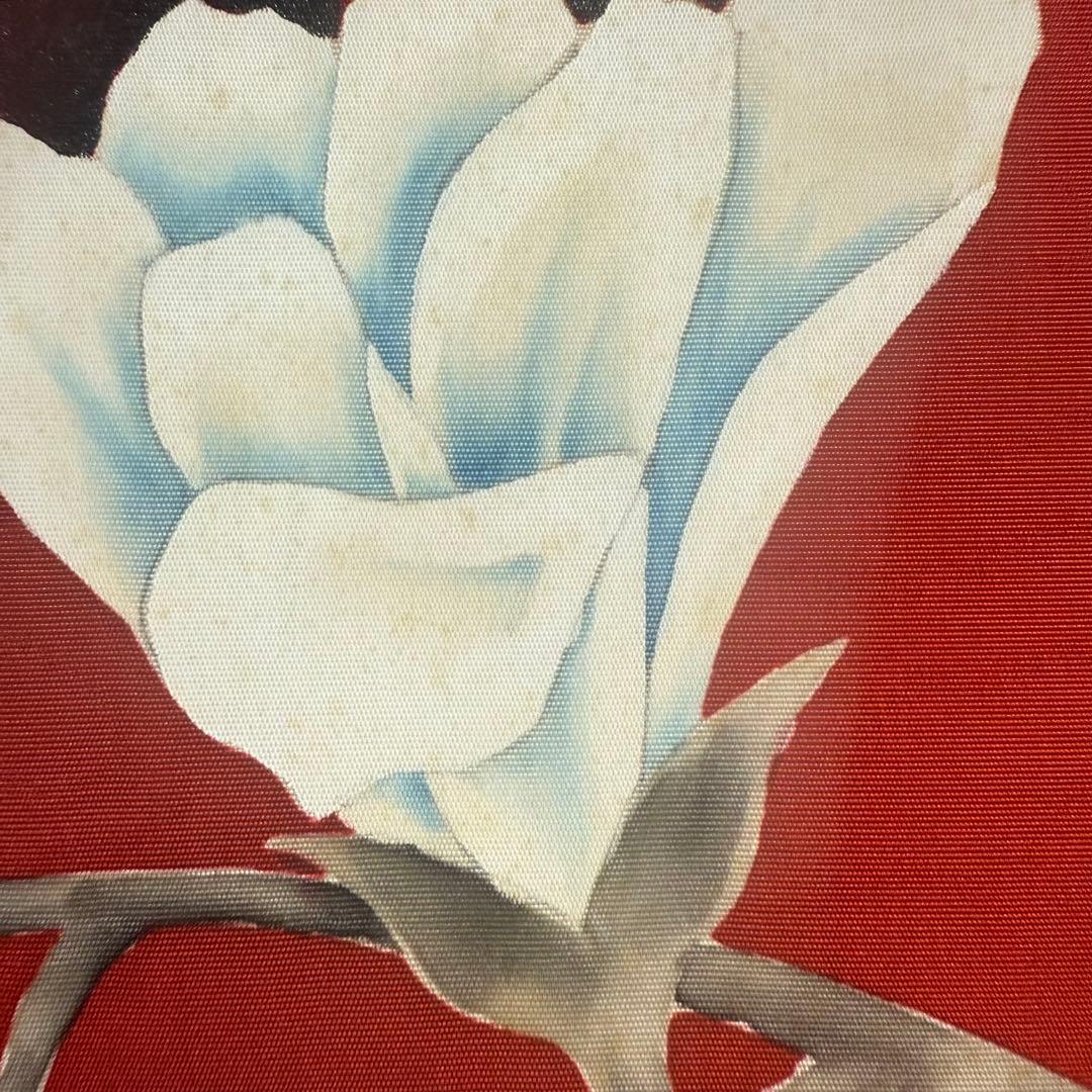 5k2293 名古屋帯　絹　塩瀬帯　猫　手書き　染め　赤　白　黒　花柄　和装