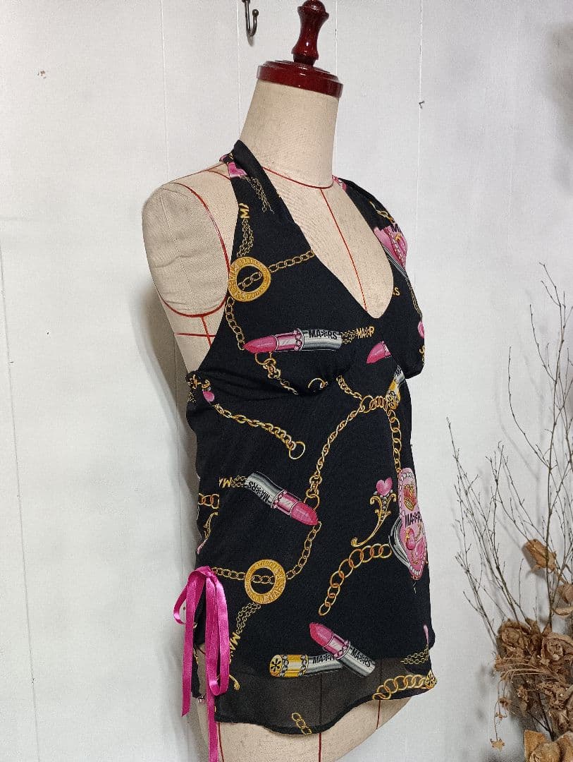 MARS マーズ ギャル　Y2K ブラックコスメ柄ホルターネックトップス