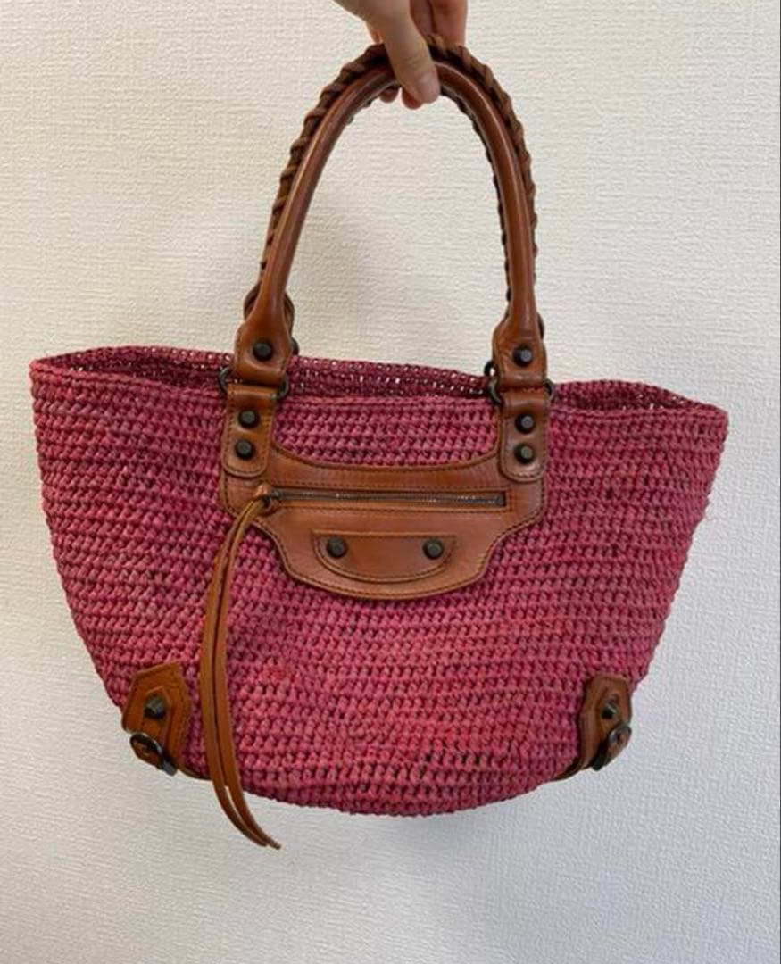 赤かごバッグ レザー ハンドル