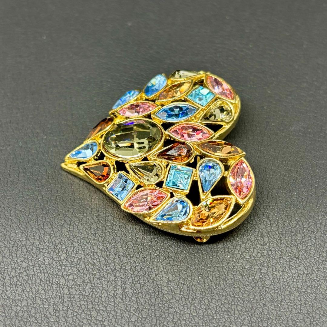 【希少】【美品】【イヴ・サンローラン】ハート カラーストーン ビジュー ブローチ