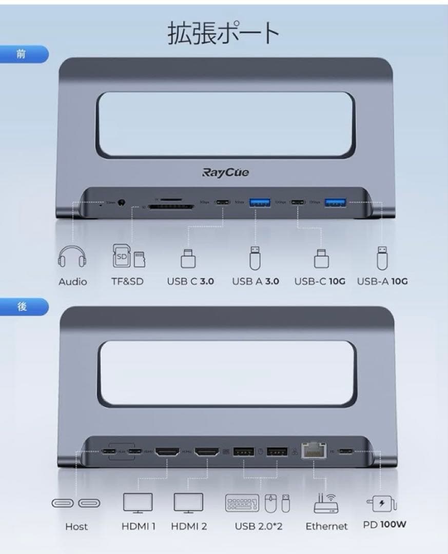 RayCue USB-C ドッキングステーション - デュアルモニター