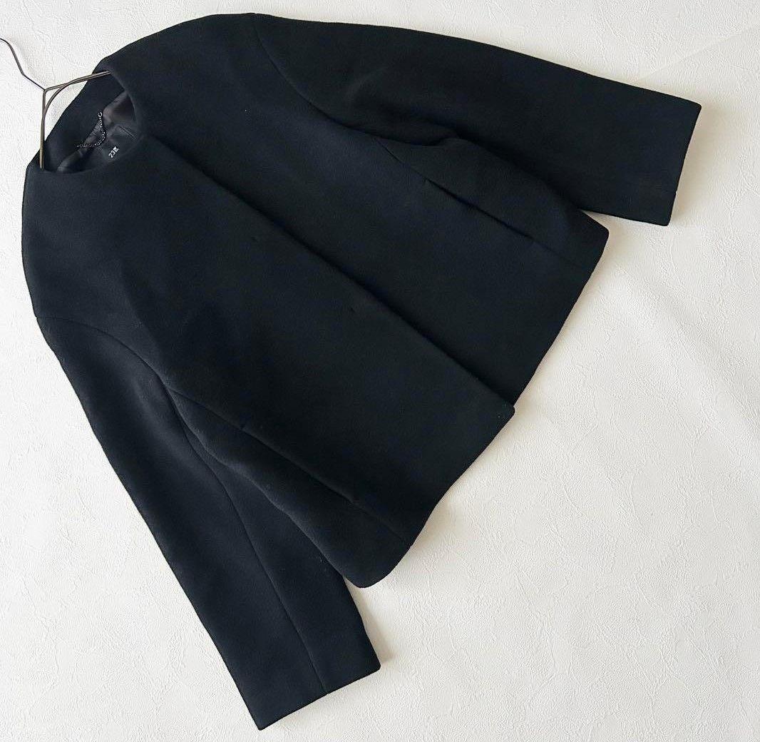 ★美品★23区 ダブルクロスベロアノーカラーショートコート黒 36 Sサイズ