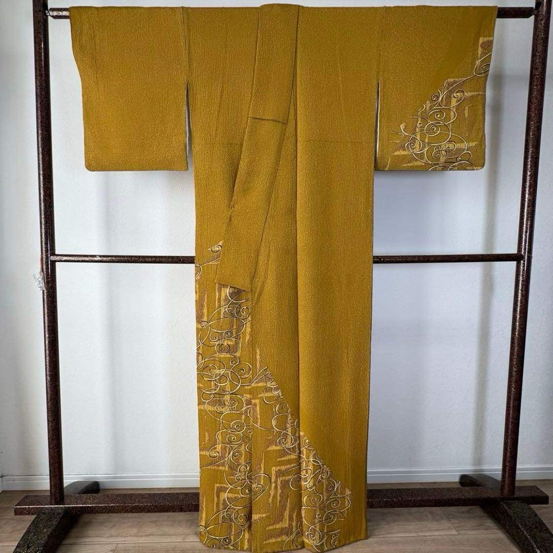 超美品　正絹　袷　広襟　訪問着　着物 168裄67 ふくれ織　からし　黄　トール
