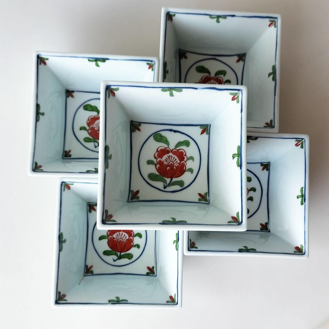 有田焼 源右衛門窯 染錦牡丹丸絵 角小鉢 5客セット