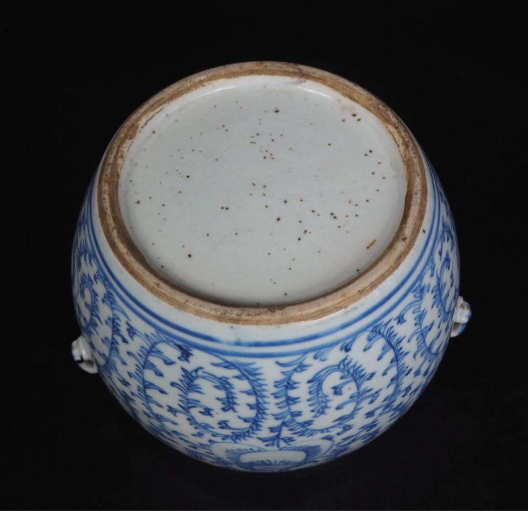 送料無料　清時代嘉慶道光青花罐/水指　本物保証　『喜』無し　耳あり　希少造形