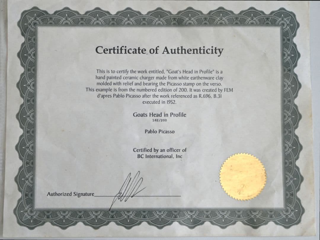 パブロ・ピカソ 陶器絵皿 【山羊の横顔】サイン入り（162/200）鑑定書付
