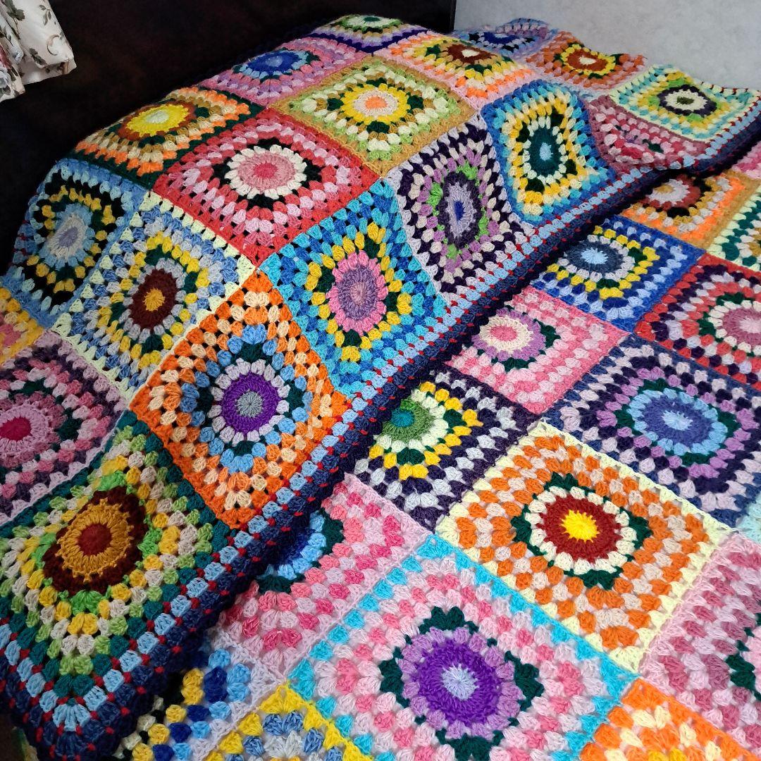 (145)カラフルなグラニースクエアベッドカバー&ストール★セットで