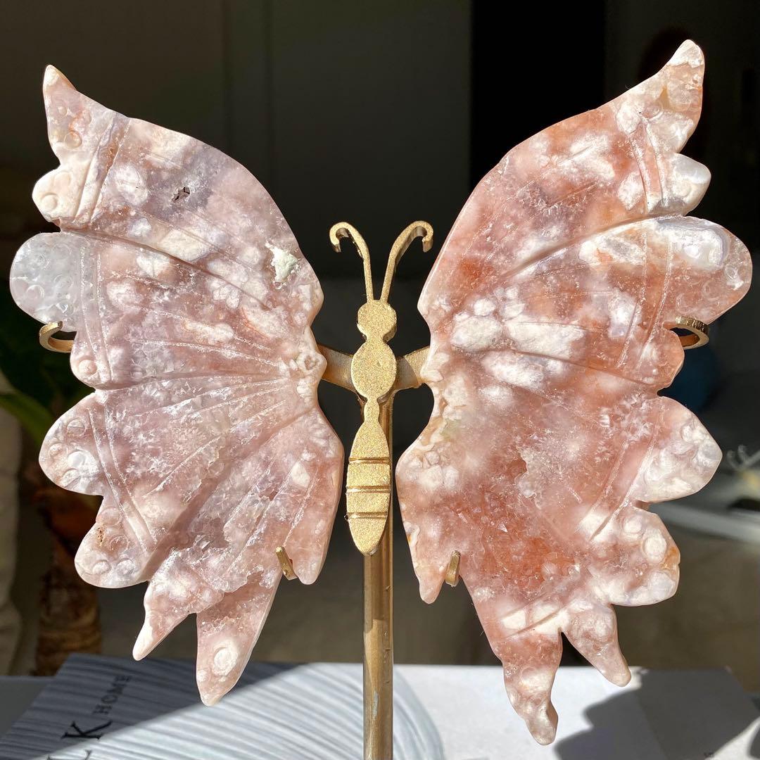 ★★★最終特価【 ピンクアメシスト フラワーアゲート バタフライ （台座付き）