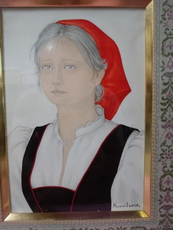 油彩画　栗原喜依子作「少女」　額付　SM　サイン有　真作保証　松坂屋シール有