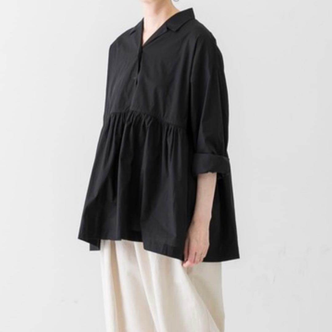 かぐれ　オープンカラーギャザーシャツ　ブラック　コットン　フリー　開襟　23