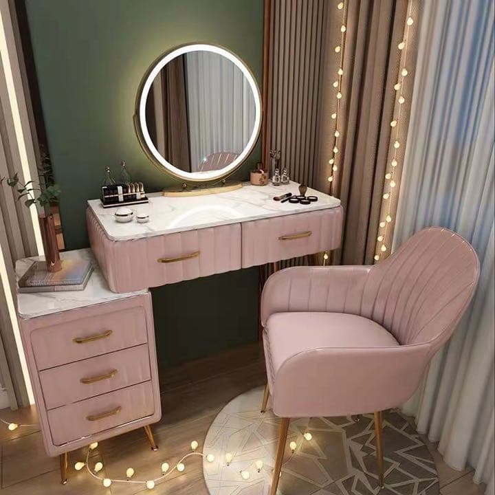 オシャレドレッサー大理石柄ベロア生地デスク80cmLEDミラチェアチェスト4点