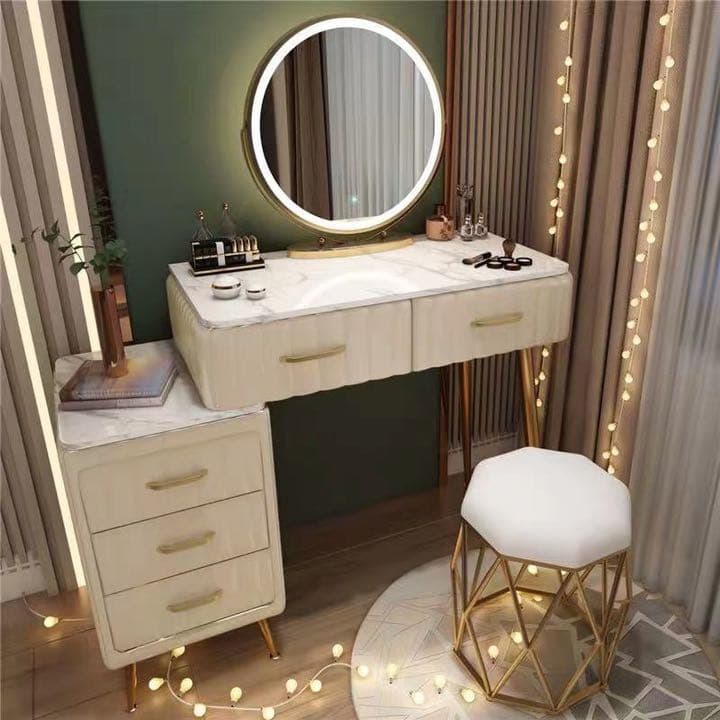 オシャレドレッサー大理石柄ベロア生地デスク80cmLEDミラチェアチェスト4点