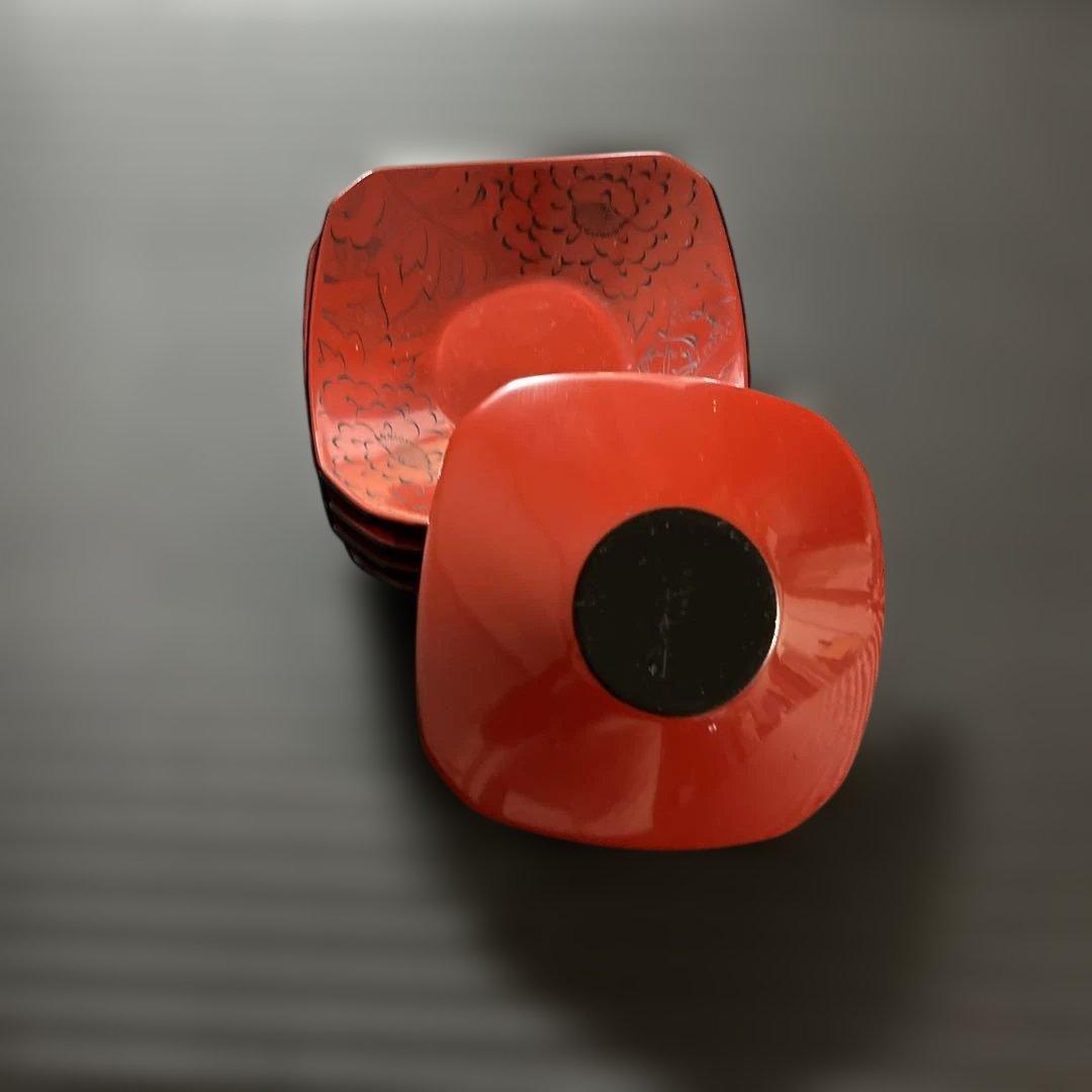 千舟生選　輪島塗 輪島塗　漆器　伝統工芸　茶托　皿　赤漆　5枚　沈刻