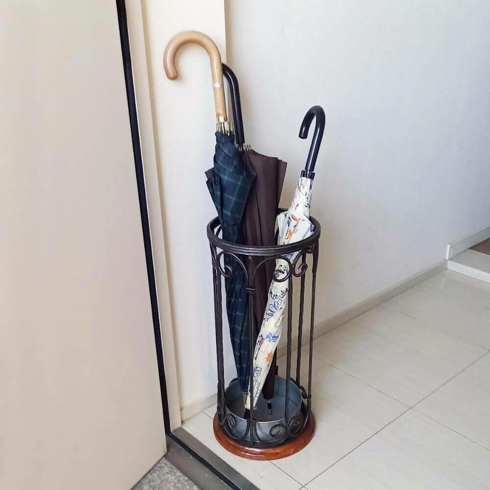 ★アンティーク調 アイアン傘立 アンブレラスタンド ウッド＆アイアン 丸型