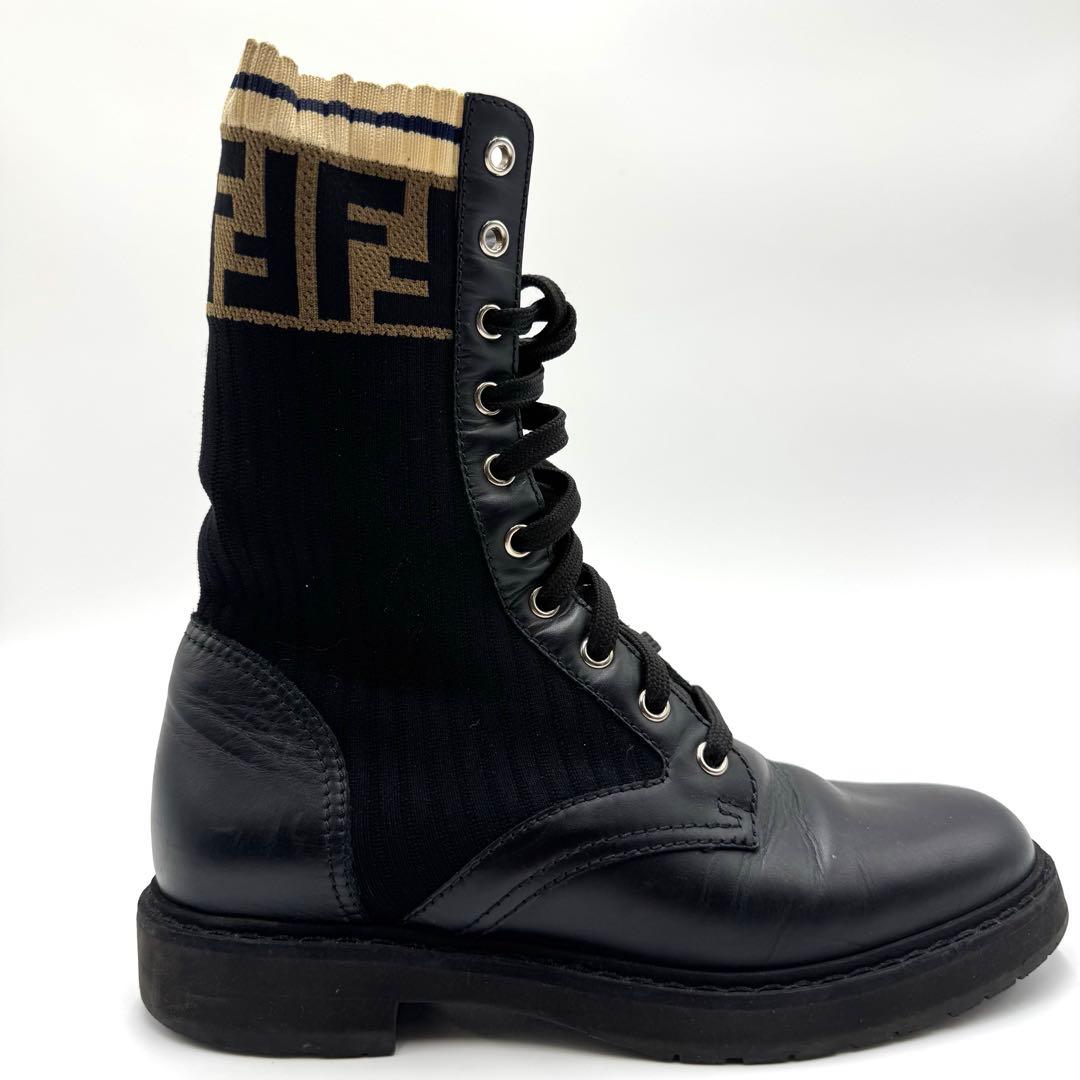 美品 FENDI ソックス ブーツ リブ ズッカ柄 FF Vibram 黒 37