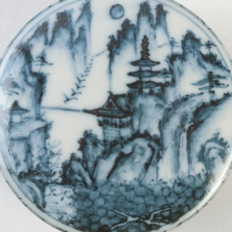茶道具　京焼　高橋道八造　染付　山水文　香合　紫野　小田雪窓極め箱　V　9733