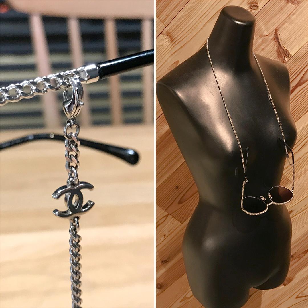 新品同様 シャネル チェーン付き サングラス シルバー ブラウングラデーション