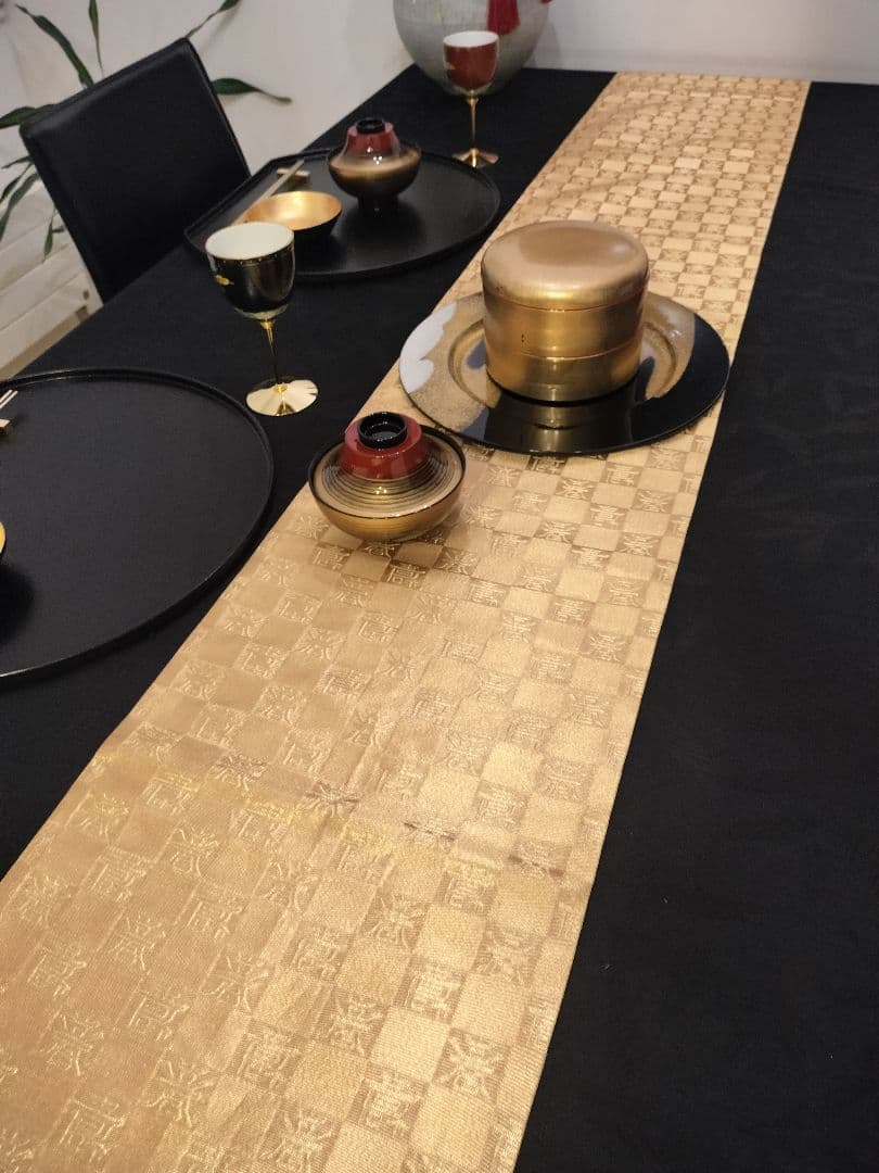 A925★逸品‼️全通帯‼️市松文字‼️正絹テーブルランナー2m7cm