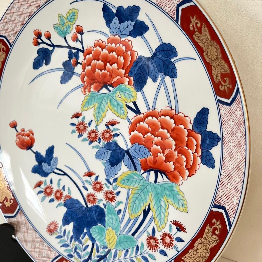 有田焼　錦芙蓉　飾り皿　絵皿　大皿　スタンド付き　哲山作　40cm