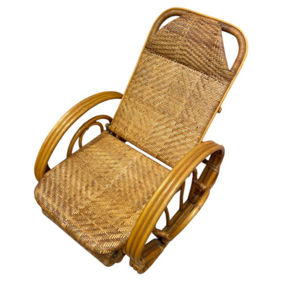 昭和レトロ ラタンリクライニングチェア オットマン付き