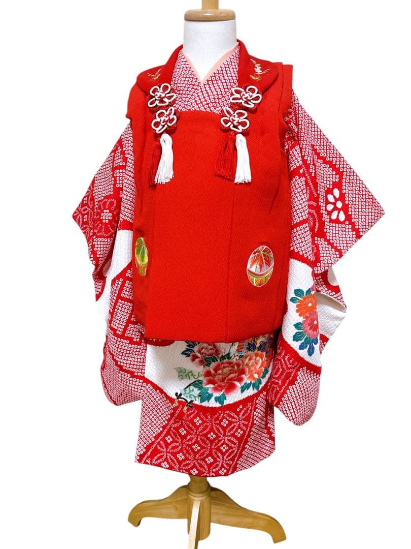 正絹鹿の子柄♡七五三　3歳　女の子　フルセット　一式　赤系　刺繍入り被布