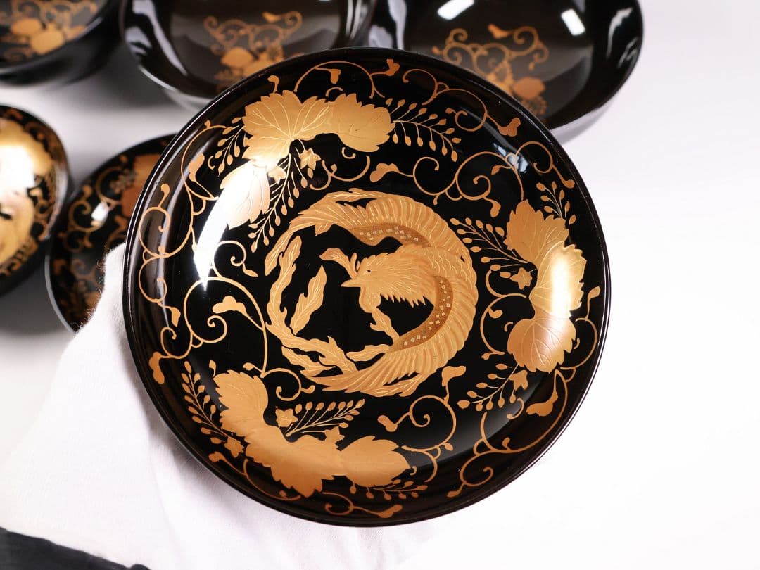 【MB194】天然木漆塗 鳳凰桐唐草 金蒔絵 黒塗 吸物椀 三客 大正昭和