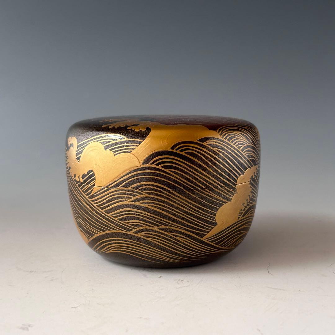 茶道具　銀地　岩波蒔絵　平棗　夏目有彦　共箱　漆芸　茶会　茶器　薄茶　稽古