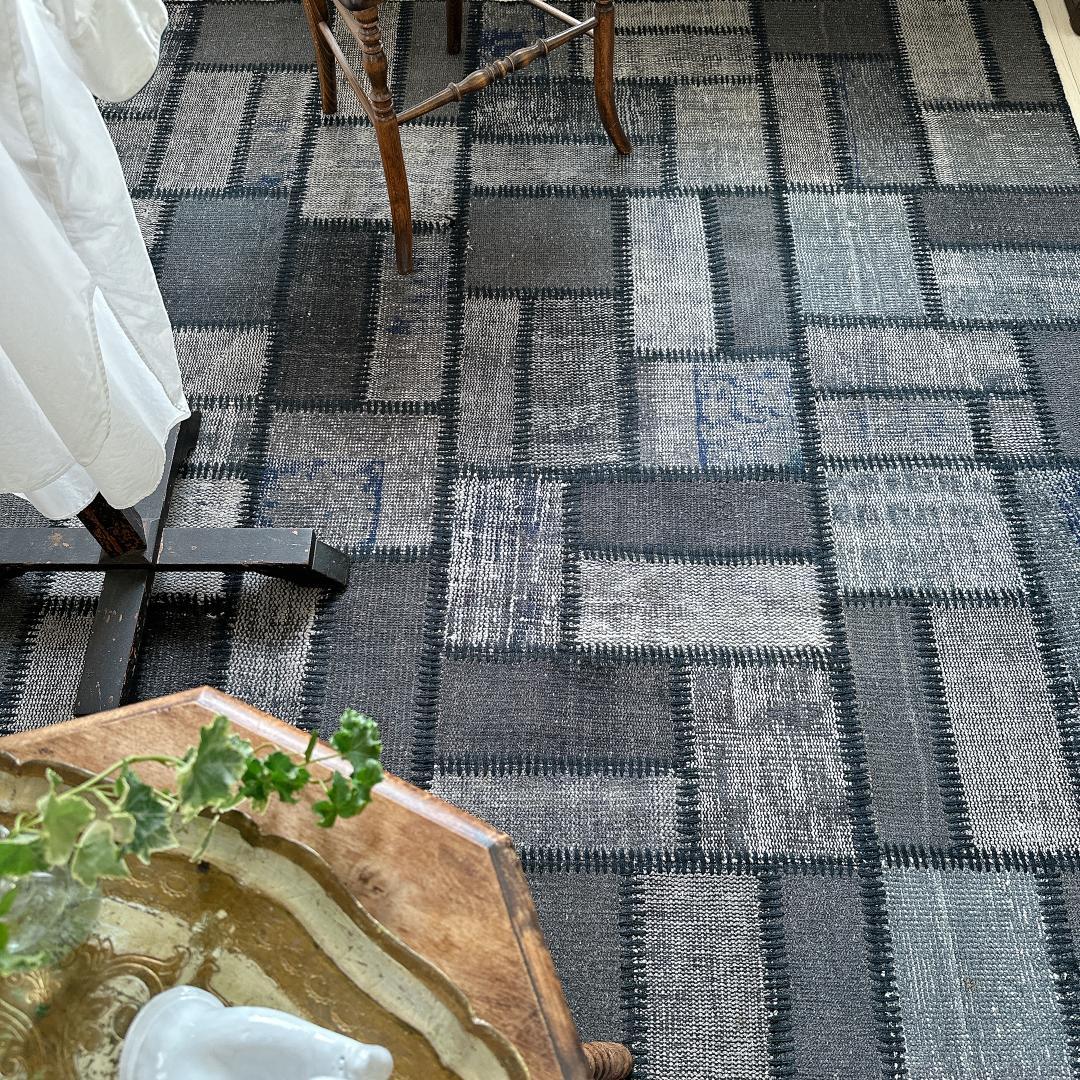 トルコ ヴィンテージラグ A57 超大判 レア グレー ブルー パッチワークラグ