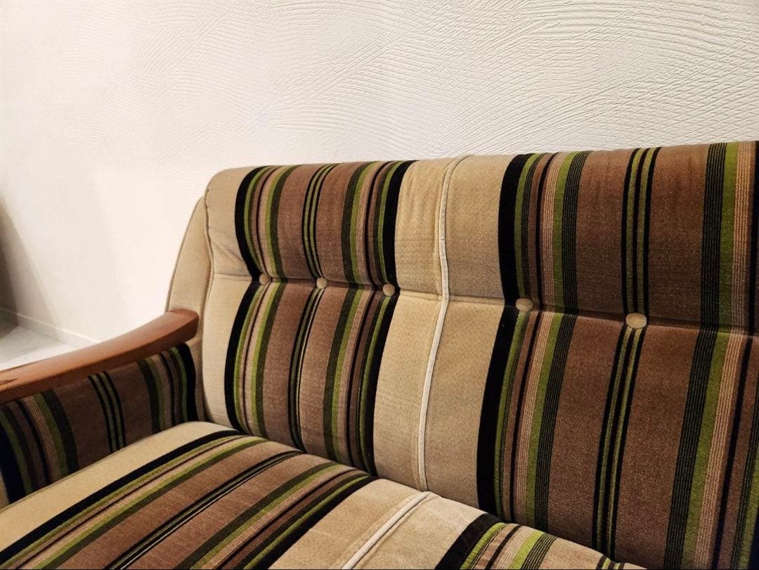 昭和レトロ　アンティーク ストライプ3pソファ モケット　ファブリック