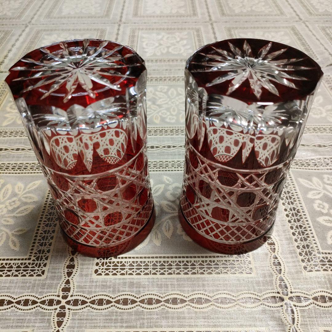 \"未使用\" ヤマザキガラス　薩摩切子　2客セット　南蛮赤　矢来、籠目菊透かし紋